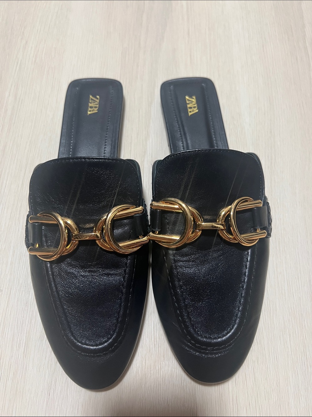 ZARA Black Leather Mules with Gold Horsebit Detail